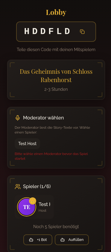 Lobby mit 6-stelligem Code zum Teilen